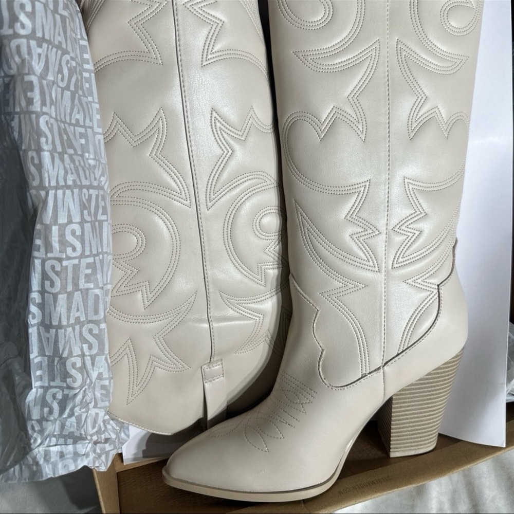 Steve Madden Lasso Lincoln High Bone Beige Cowboy Boots New Womans Knee High - Picture 7 of 11